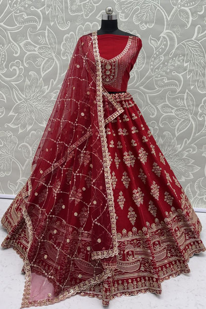 Red Pure Soft Heavy Silk Sequins Embroidery Work Bridal Lehenga 