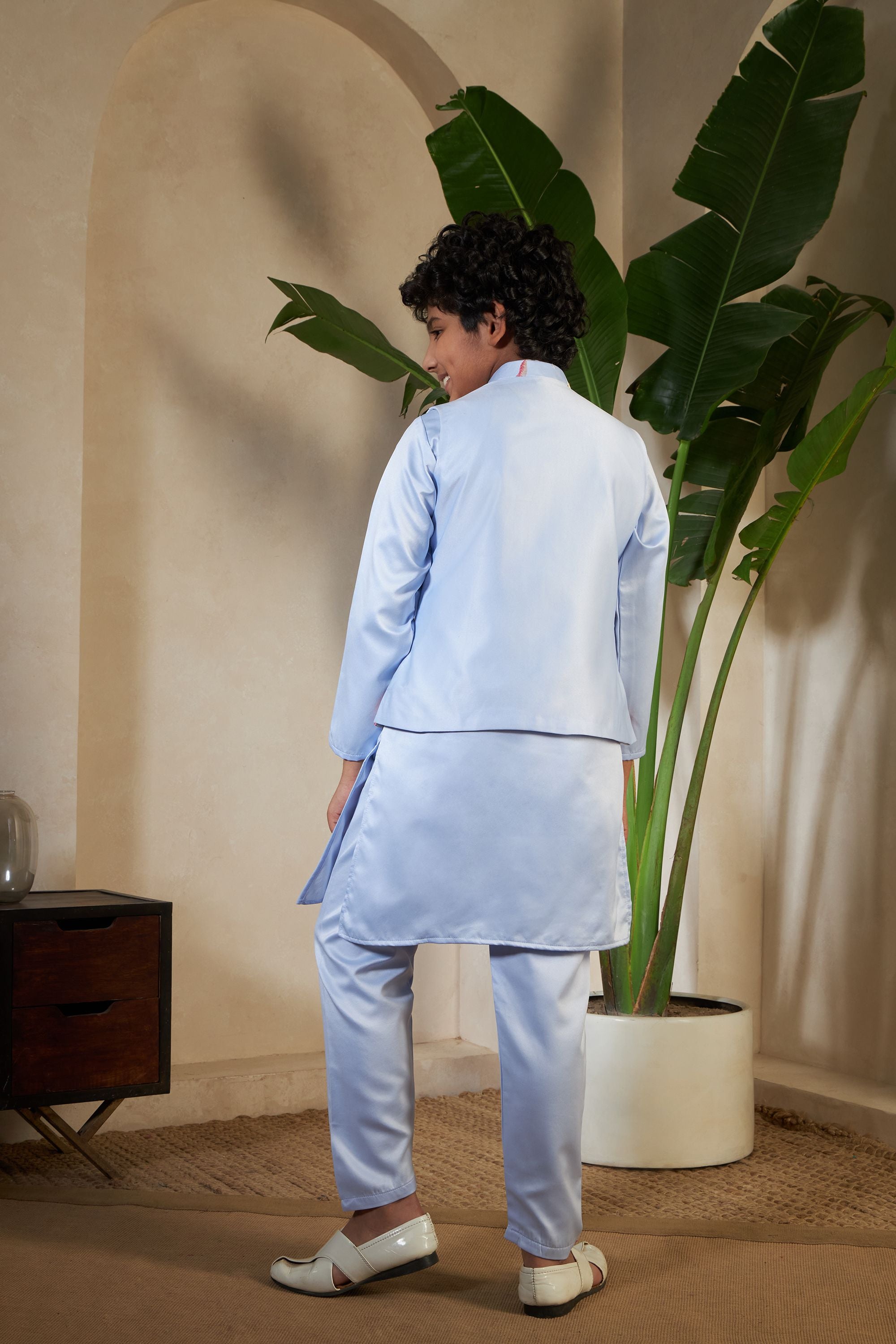Sky Pure Satin Silk Kids Boy Kurta Pajama With Koti Jacket 