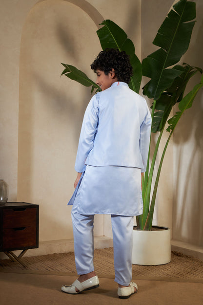 Sky Pure Satin Silk Kids Boy Kurta Pajama With Koti Jacket 