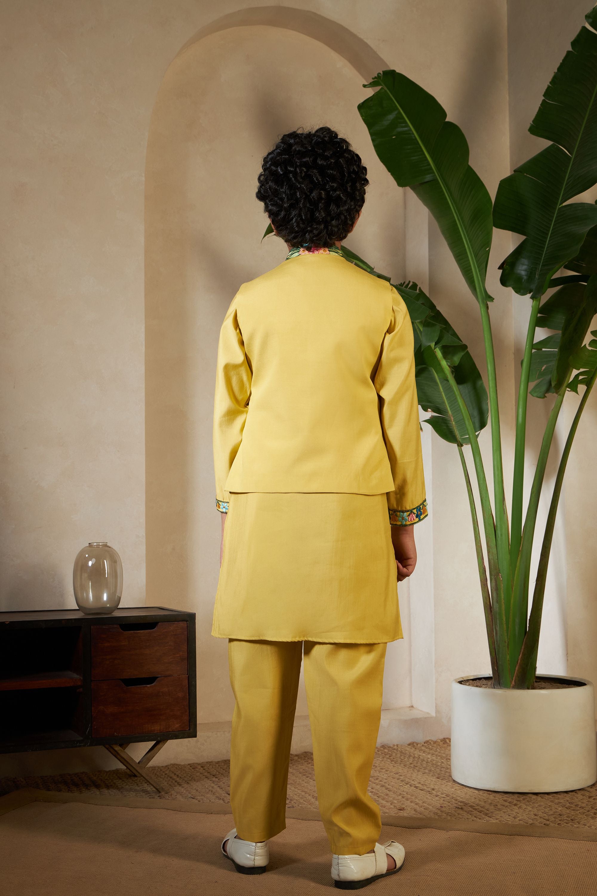 Yellow Pure Viscose Silk Silk Kids Boy Kurta Pajama With Koti Jacket 