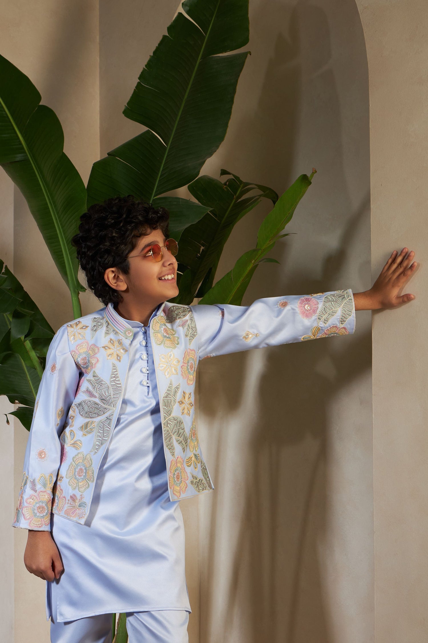 Sky Pure Satin Silk Kids Boy Kurta Pajama With Koti Jacket 