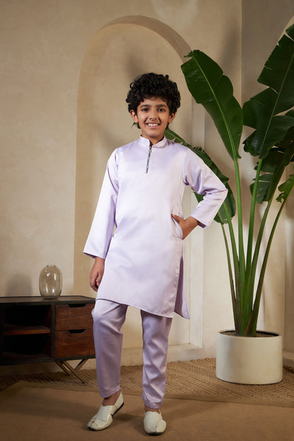 Lavender Pure Satin Silk Kids Boy Kurta Pajama With Koti Jacket 