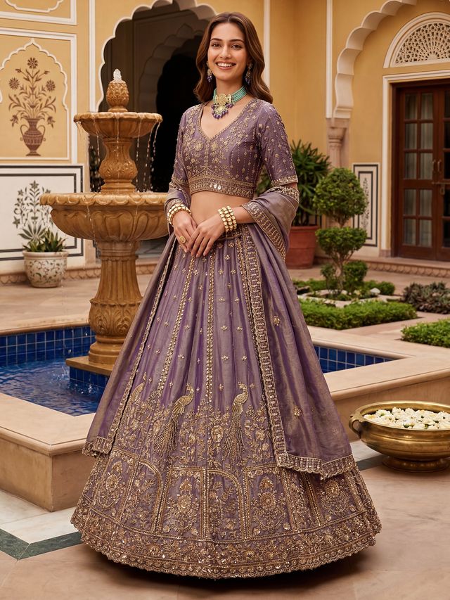 Orchid Pure Soft Heavy Fendi Orgenza Sequins Embroidery Work Bridal Lehenga 
