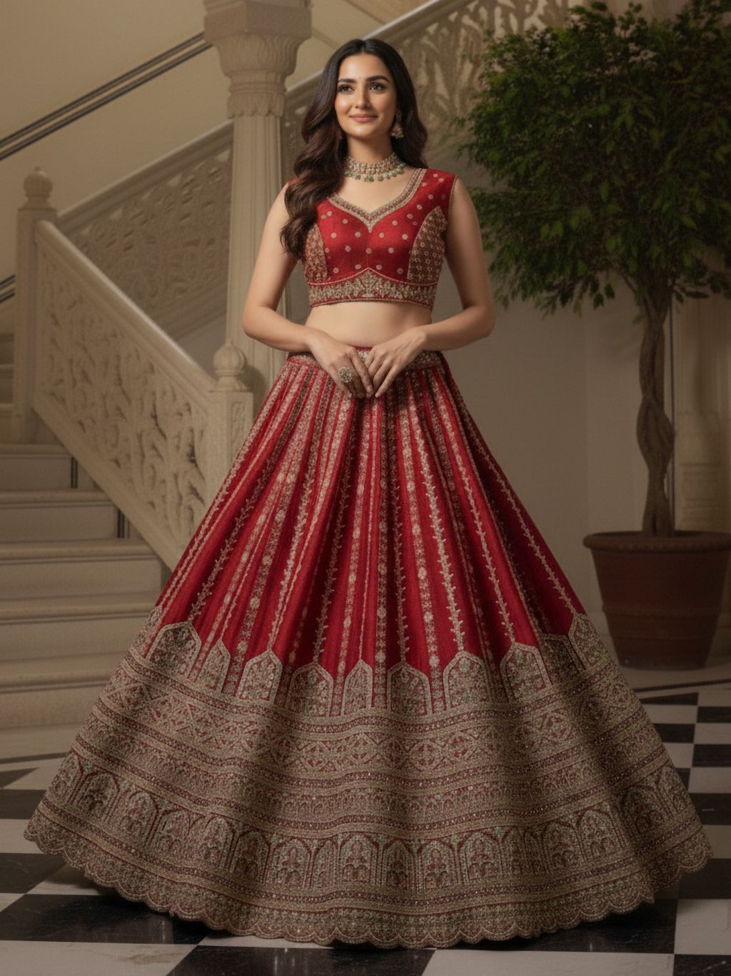 Red Pure Soft Gadhwal Silk Heavy Embroidery Work Bridal Lehenga