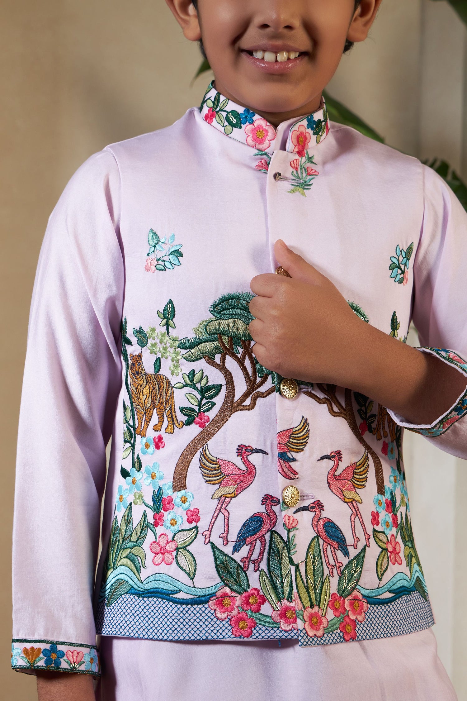 Lavender Pure Viscose Silk Silk Kids Boy Kurta Pajama With Koti Jacket 