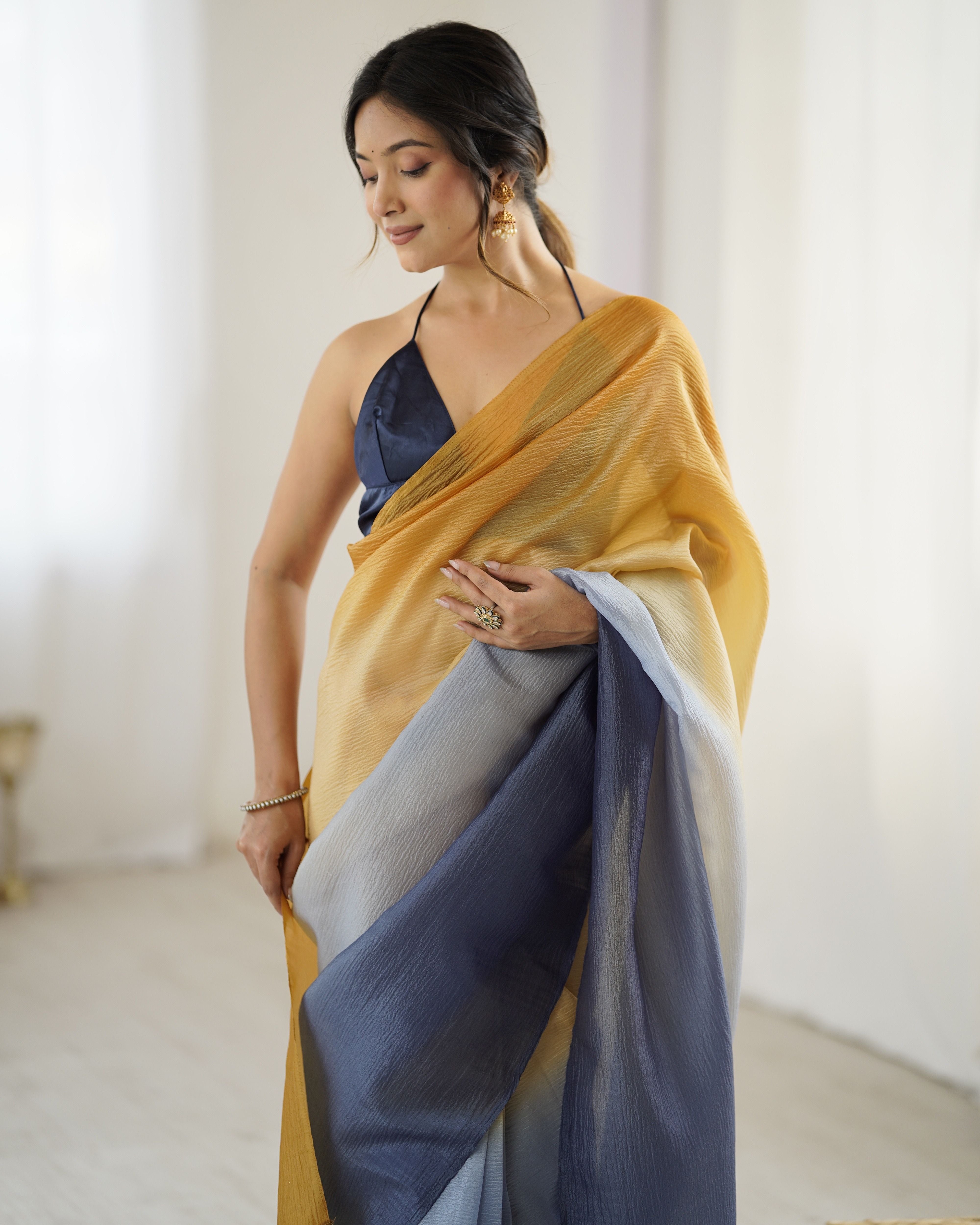 Yellow shaded Pure Soft Candy Crush Silk Ready to Wear Saree ##color## Ready to Wear Saree with premium fabric and embroidery