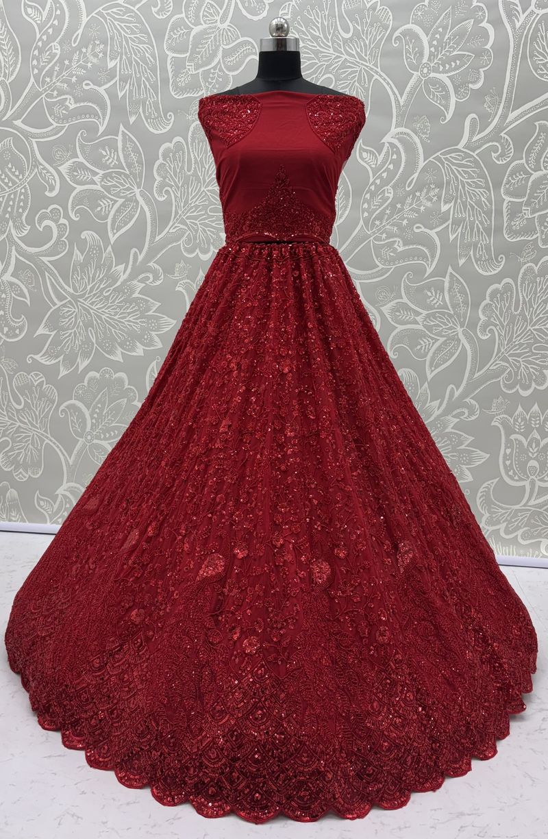 Red Pure Heavy Net Monochrome Sequins Zari Embroidery Work Net Bridal Lehenga Choli