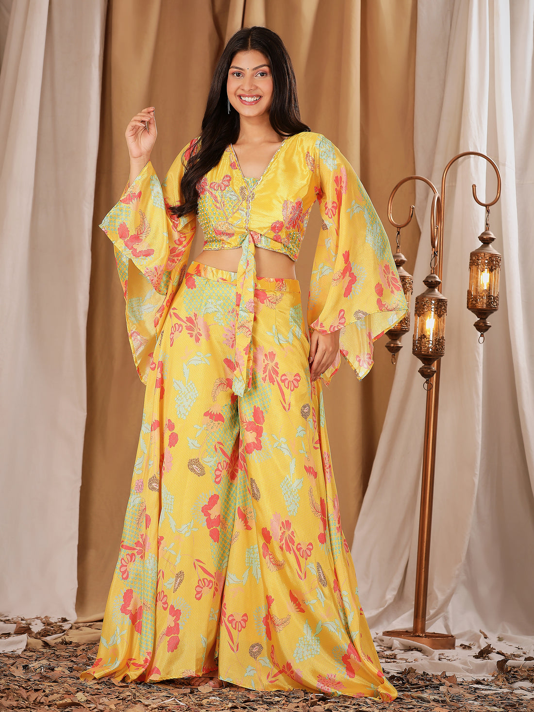 Yellow Colour Ready-to-Wear Chiffon Crop Top Floral Printed &amp; Embroidered Work With Paplon Style