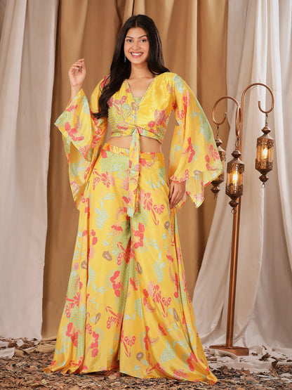 Yellow Colour Ready-to-Wear Chiffon Crop Top Floral Printed &amp; Embroidered Work With Paplon Style