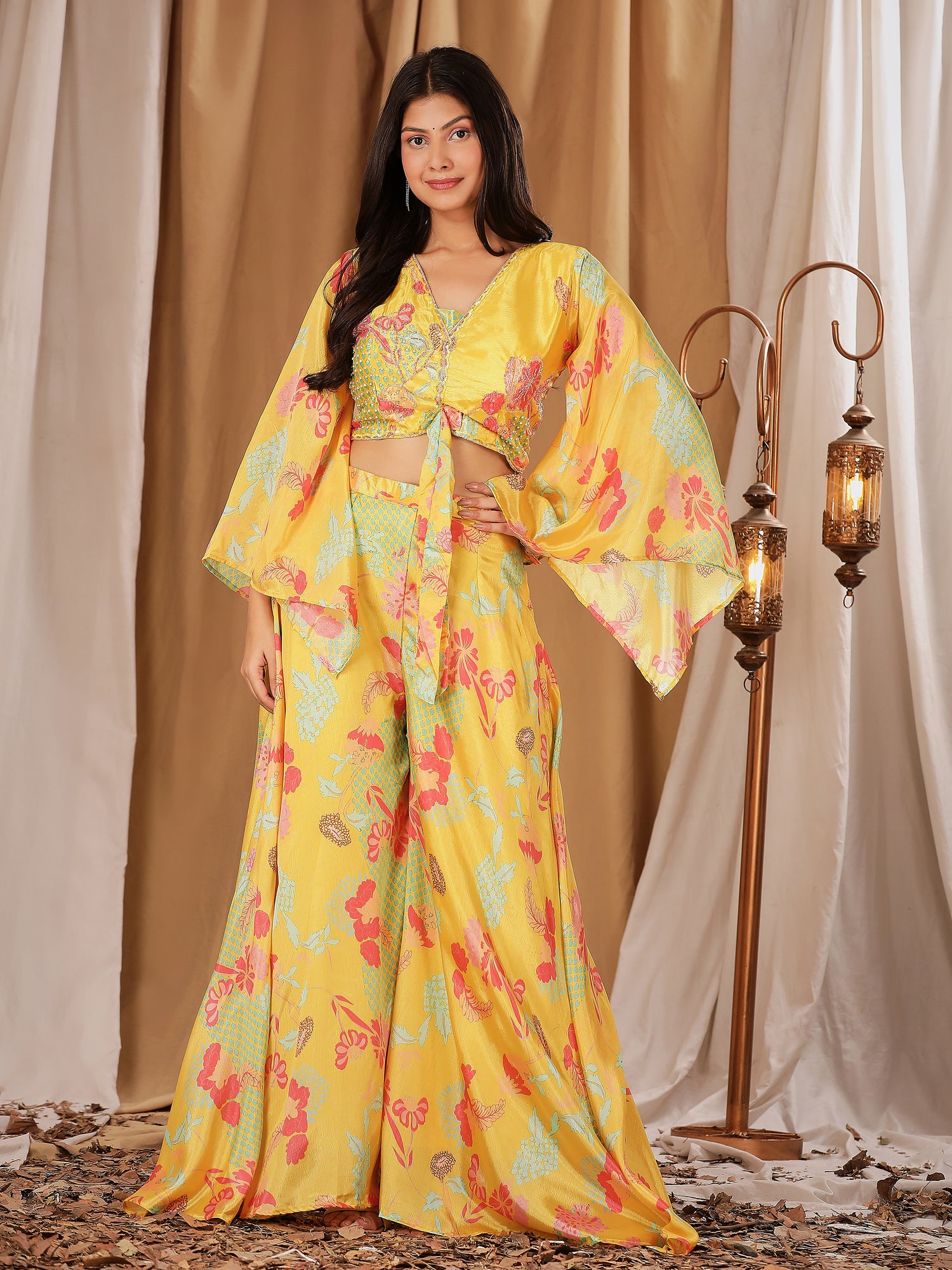 Yellow Colour Ready-to-Wear Chiffon Crop Top Floral Printed &amp; Embroidered Work With Paplon Style