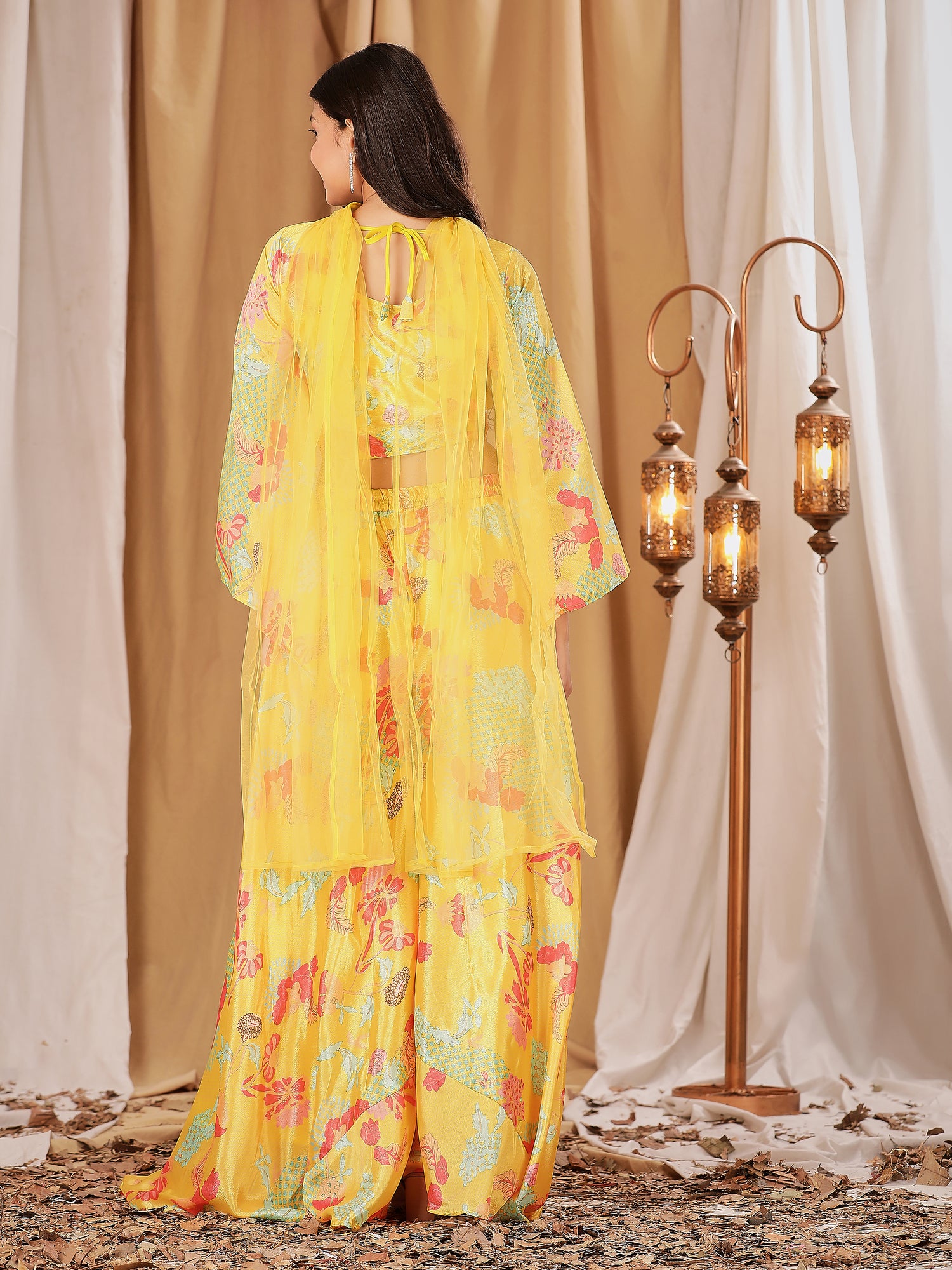 Yellow Colour Ready-to-Wear Chiffon Crop Top Floral Printed &amp; Embroidered Work With Paplon Style