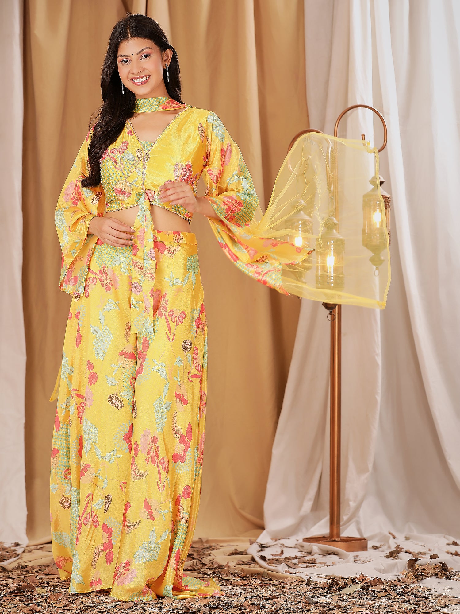 Yellow Colour Ready-to-Wear Chiffon Crop Top Floral Printed &amp; Embroidered Work With Paplon Style