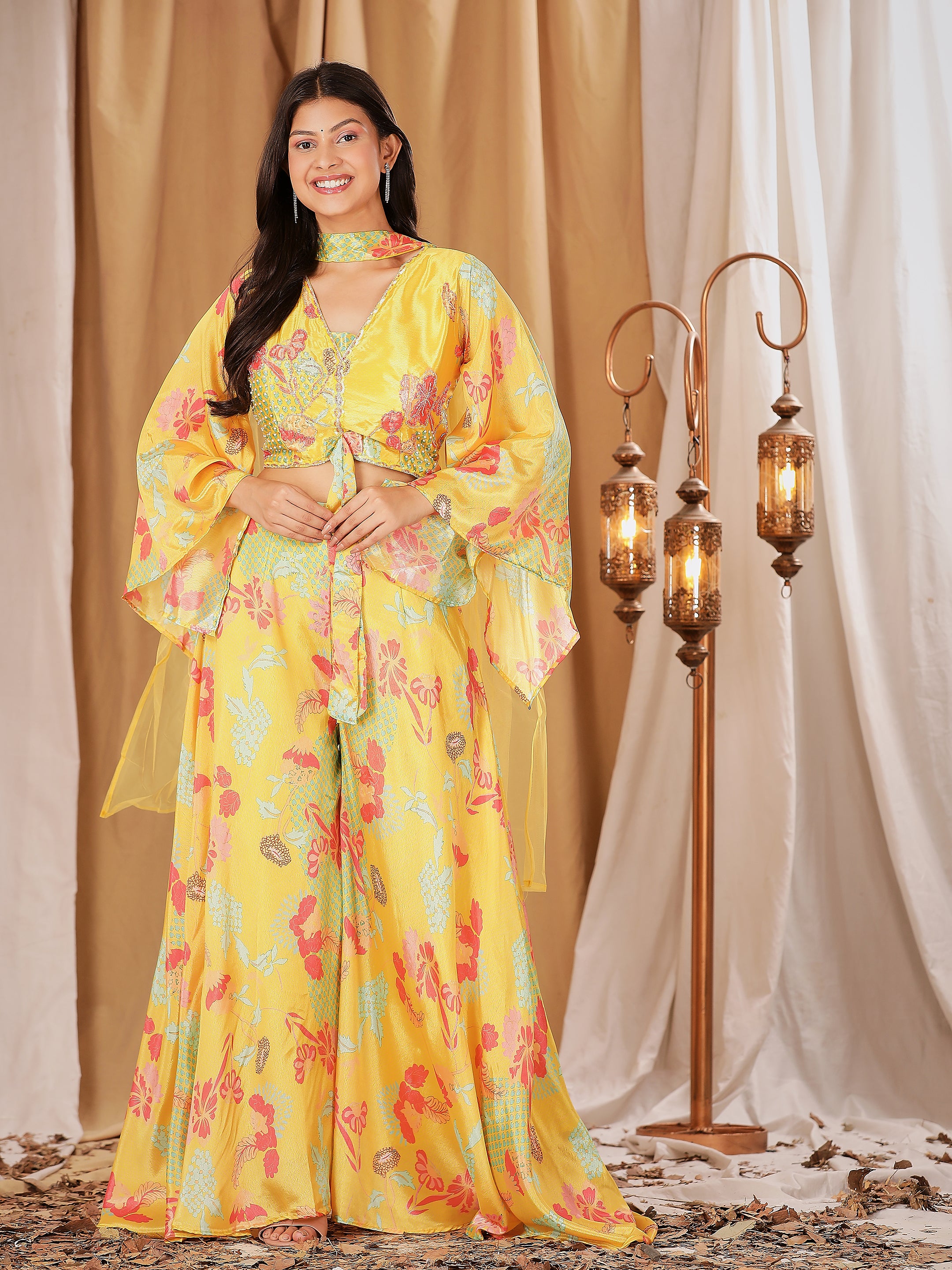 Yellow Colour Ready-to-Wear Chiffon Crop Top Floral Printed &amp; Embroidered Work With Paplon Style