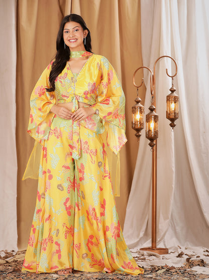 Yellow Colour Ready-to-Wear Chiffon Crop Top Floral Printed &amp; Embroidered Work With Paplon Style