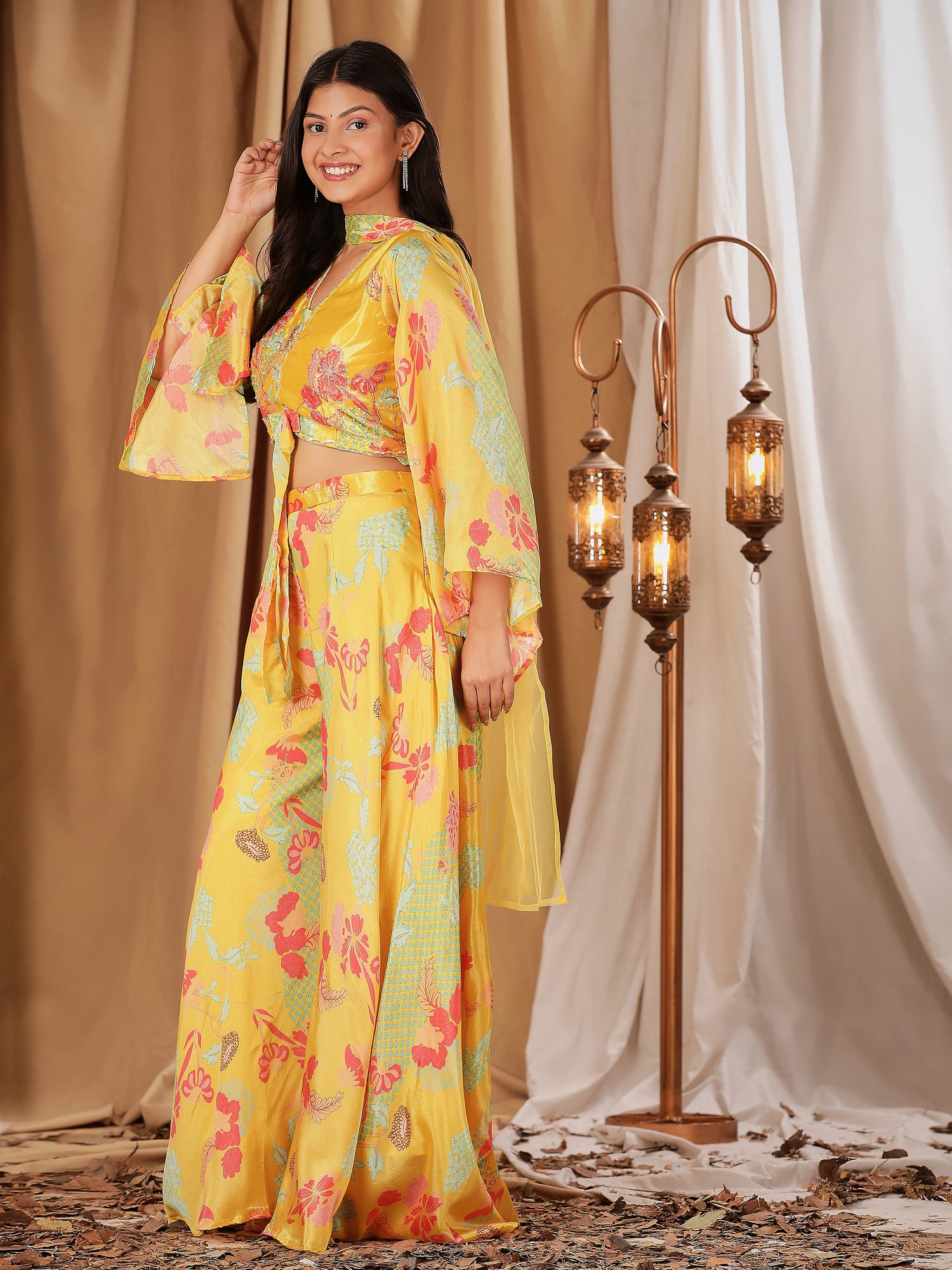 Yellow Colour Ready-to-Wear Chiffon Crop Top Floral Printed &amp; Embroidered Work With Paplon Style