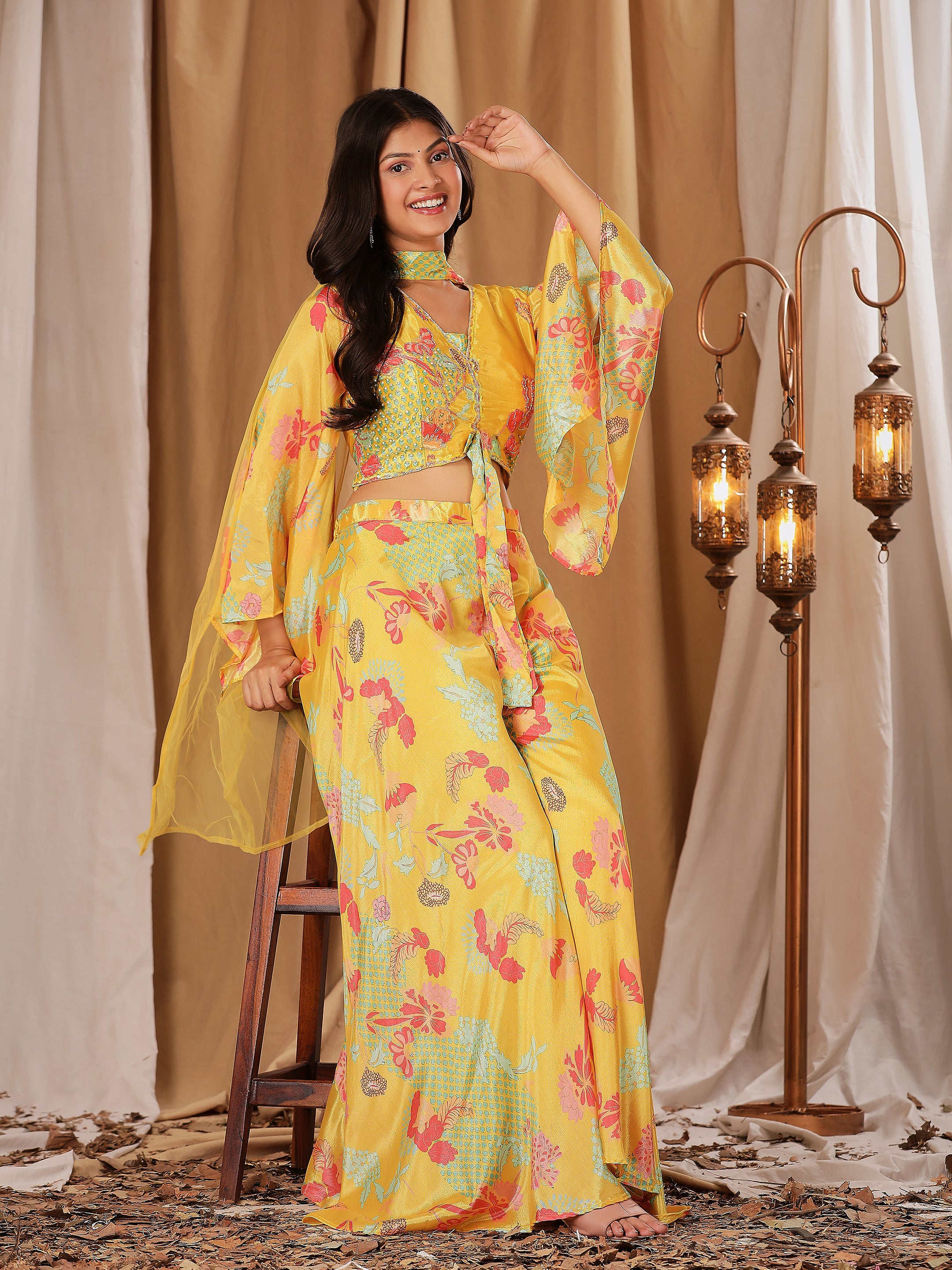 Yellow Colour Ready-to-Wear Chiffon Crop Top Floral Printed &amp; Embroidered Work With Paplon Style