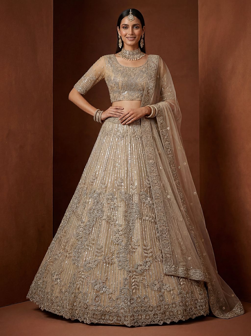 Golden Pure Soft Heavy Net Fancy Embroidery Work Bridal Lehenga Choli