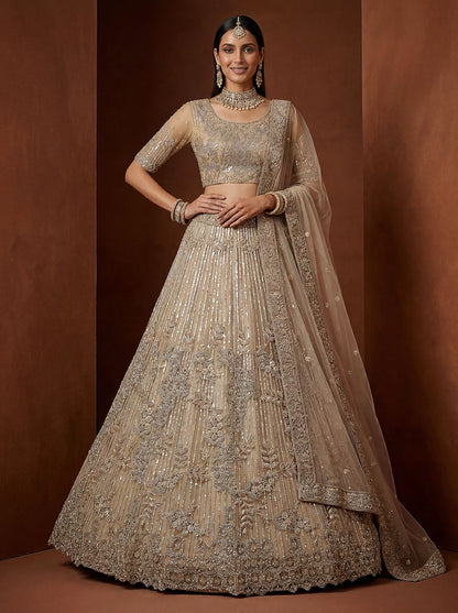 Golden Pure Soft Heavy Net Fancy Embroidery Work Bridal Lehenga Choli