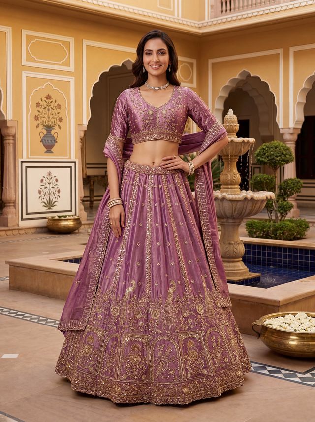 Pink Purple Pure Soft Heavy Fendi Orgenza Sequins Embroidery Work Bridal Lehenga 