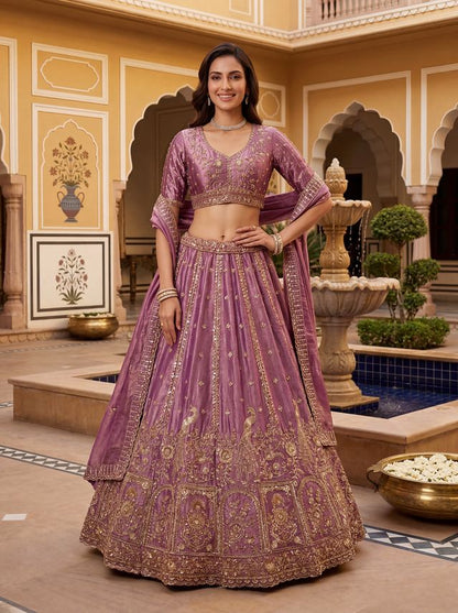Pink Purple Pure Soft Heavy Fendi Orgenza Sequins Embroidery Work Bridal Lehenga 