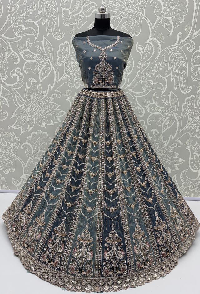 Teal Blue Pure Chandnia Silk Handwork Motif Peacock Pattern Crystal Beads Multi Thread Dori and Sequins Work Bridal Lehenga Choli