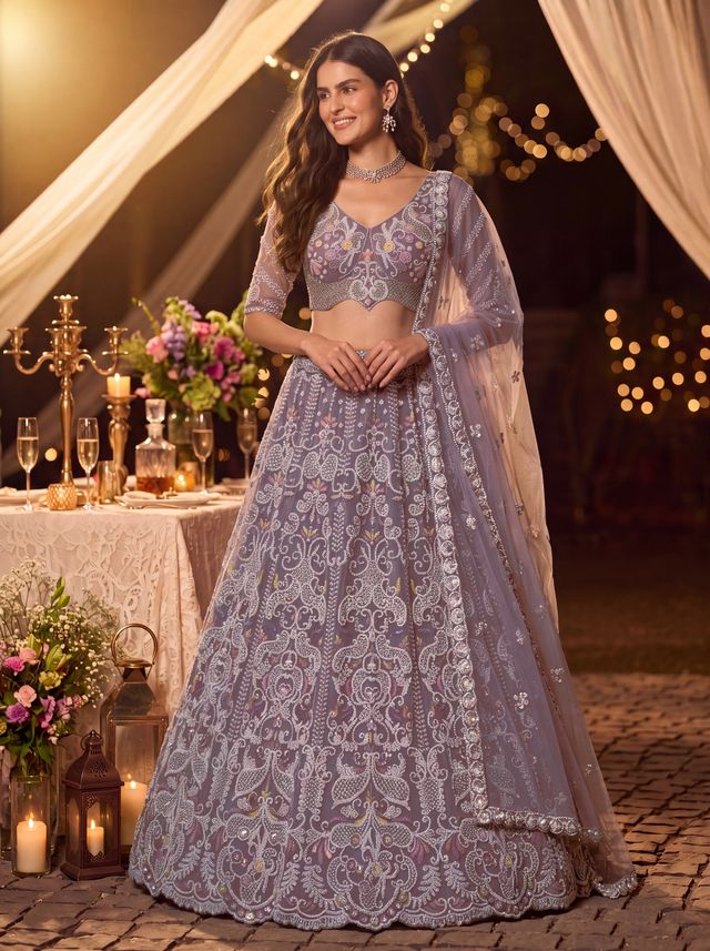 Lilac Pure Heavy Net Motif Handwork Zari Sequins Work Bridal Lehenga Choli