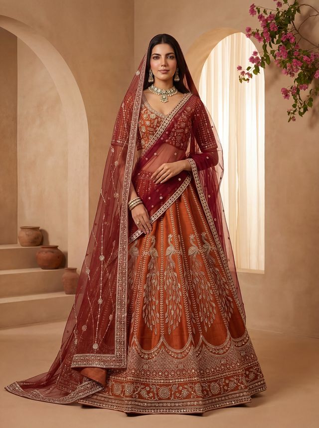 Orange Pure Soft Heavy Net Sequins Embroidery Work Bridal Lehenga Choli 