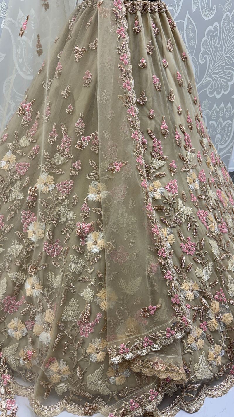 Golden Pure Soft Net Heavy Embroidery Work Bridal Lehenga