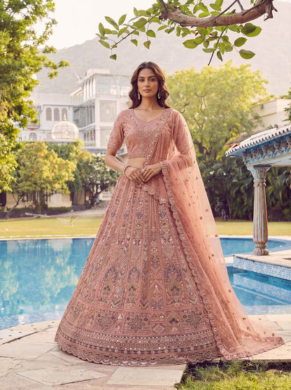 Peach Pure Soft Heavy Net Fancy Embroidery Work Bridal Lehenga Choli
