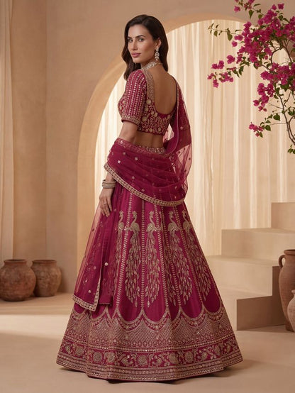 Rani Pink Pure Soft Heavy Net Sequins Embroidery Work Bridal Lehenga Choli 