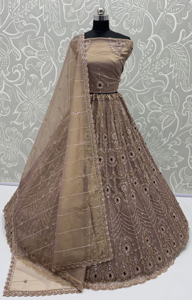 Beige Coppe Pure  Fendi Tussaud Silk Crystal Beads work Multi Thread Dori and Sequins Work Sequins Work Bridal Lehenga Choli