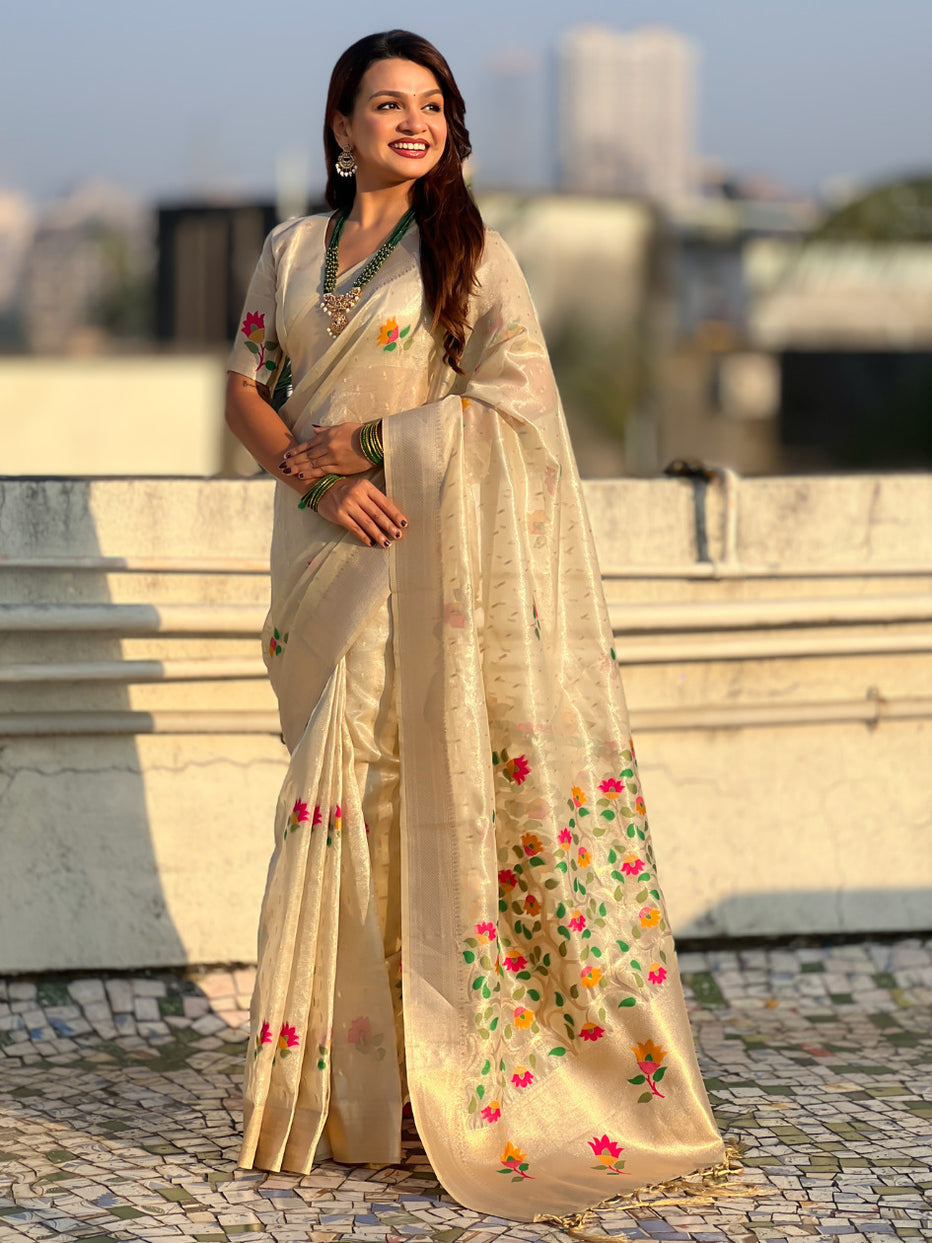 Cream Pure Organza Silk Meenakari Jamdani Zari Woven Organza Saree