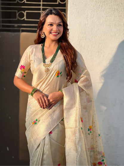 Cream Pure Organza Silk Meenakari Jamdani Zari Woven Organza Saree