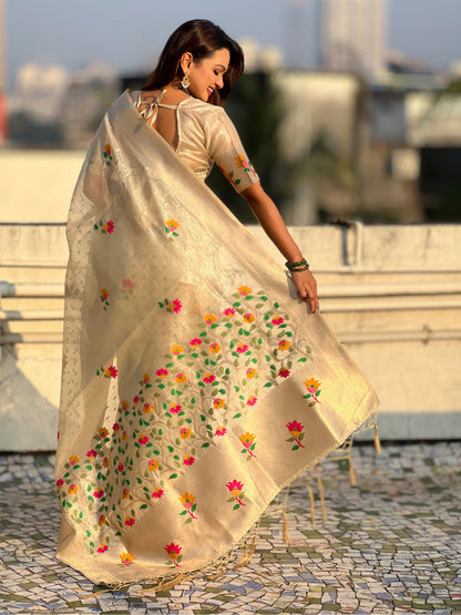 Cream Pure Organza Silk Meenakari Jamdani Zari Woven Organza Saree