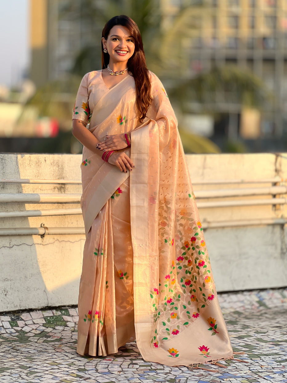 Peach Organza Silk Meenakari Jamdani Zari Woven Organza Saree