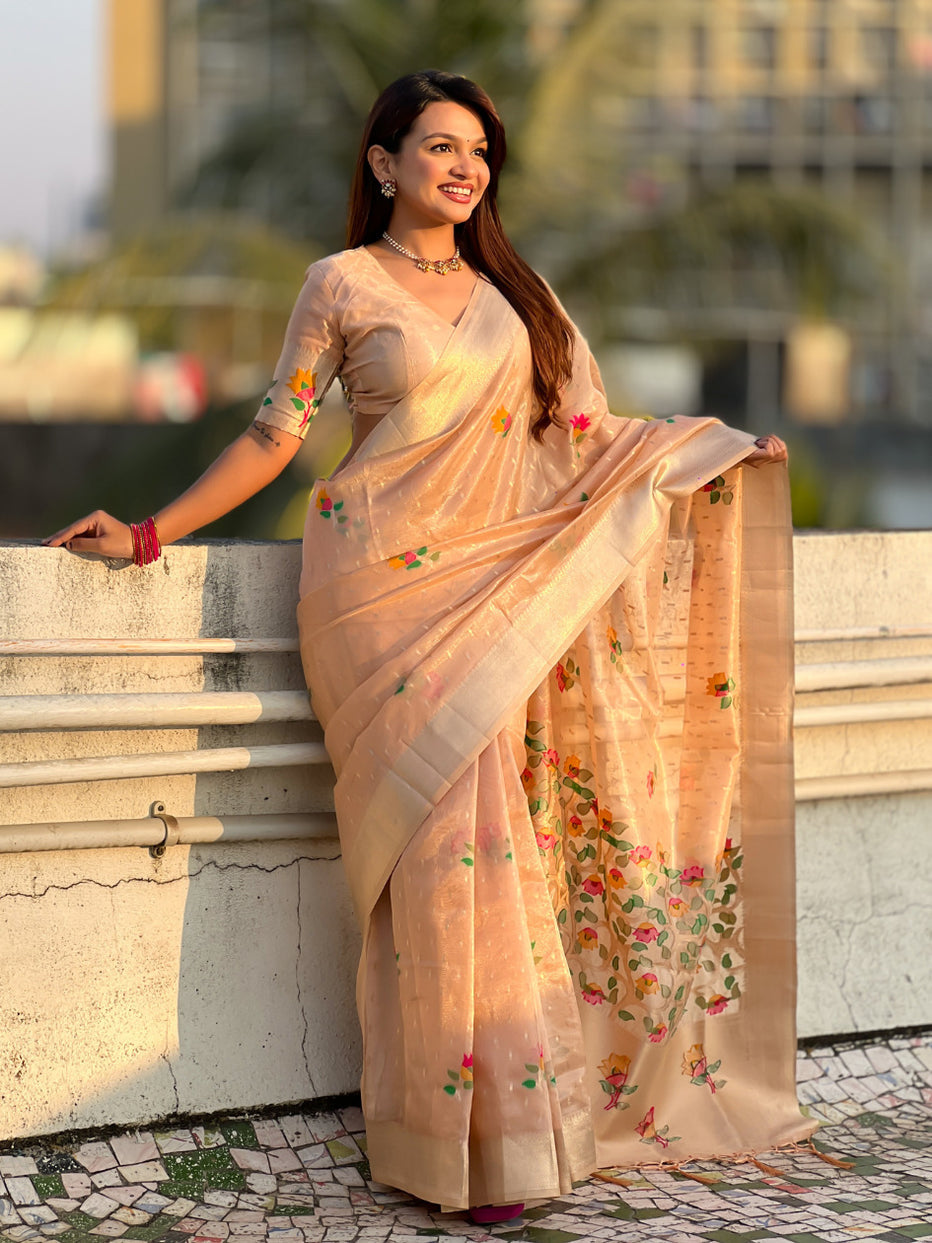 Peach Organza Silk Meenakari Jamdani Zari Woven Organza Saree
