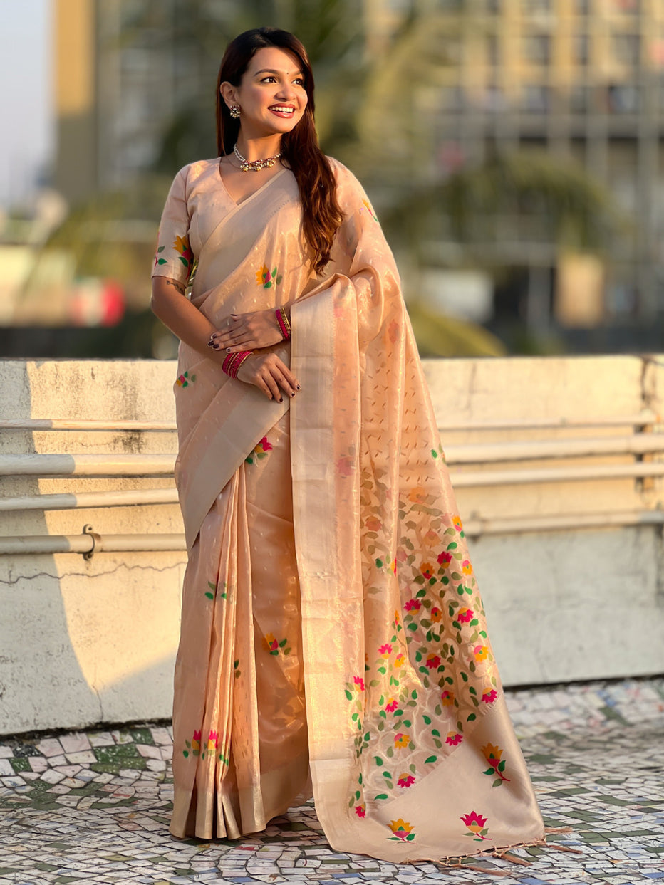 Peach Organza Silk Meenakari Jamdani Zari Woven Organza Saree