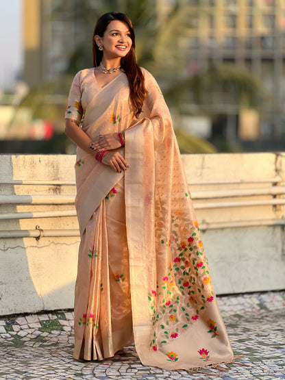 Peach Organza Silk Meenakari Jamdani Zari Woven Organza Saree