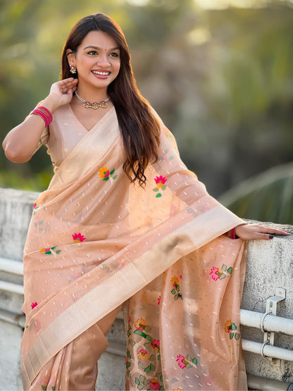 Peach Organza Silk Meenakari Jamdani Zari Woven Organza Saree
