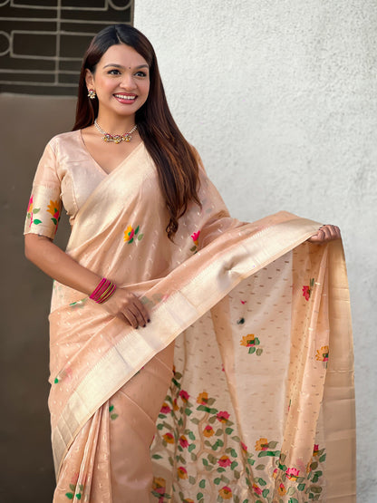 Peach Organza Silk Meenakari Jamdani Zari Woven Organza Saree