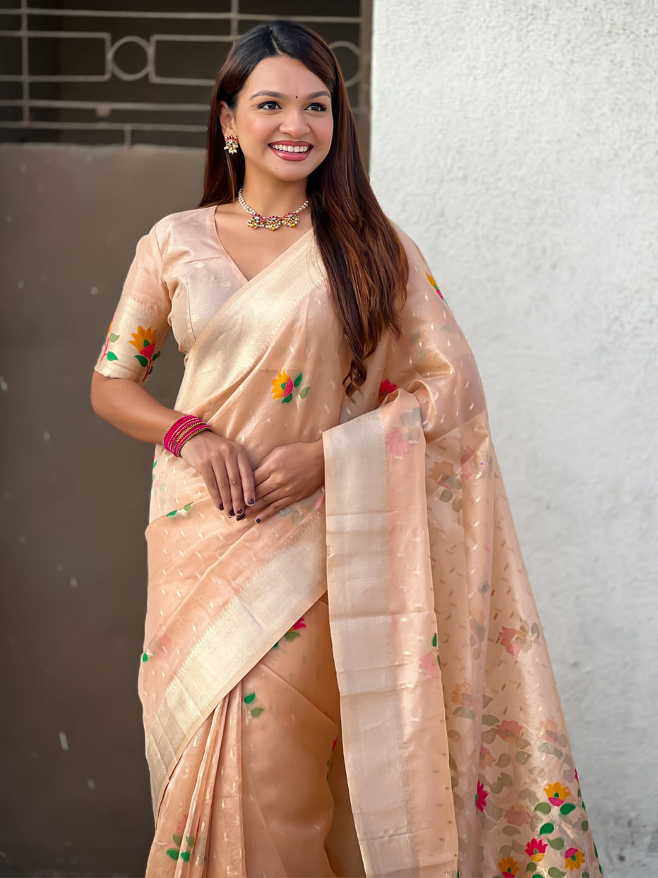 Peach Organza Silk Meenakari Jamdani Zari Woven Organza Saree