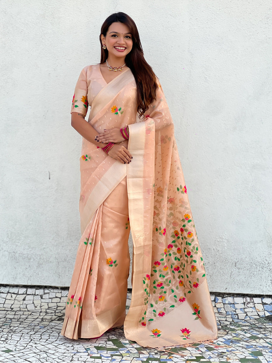 Peach Organza Silk Meenakari Jamdani Zari Woven Organza Saree
