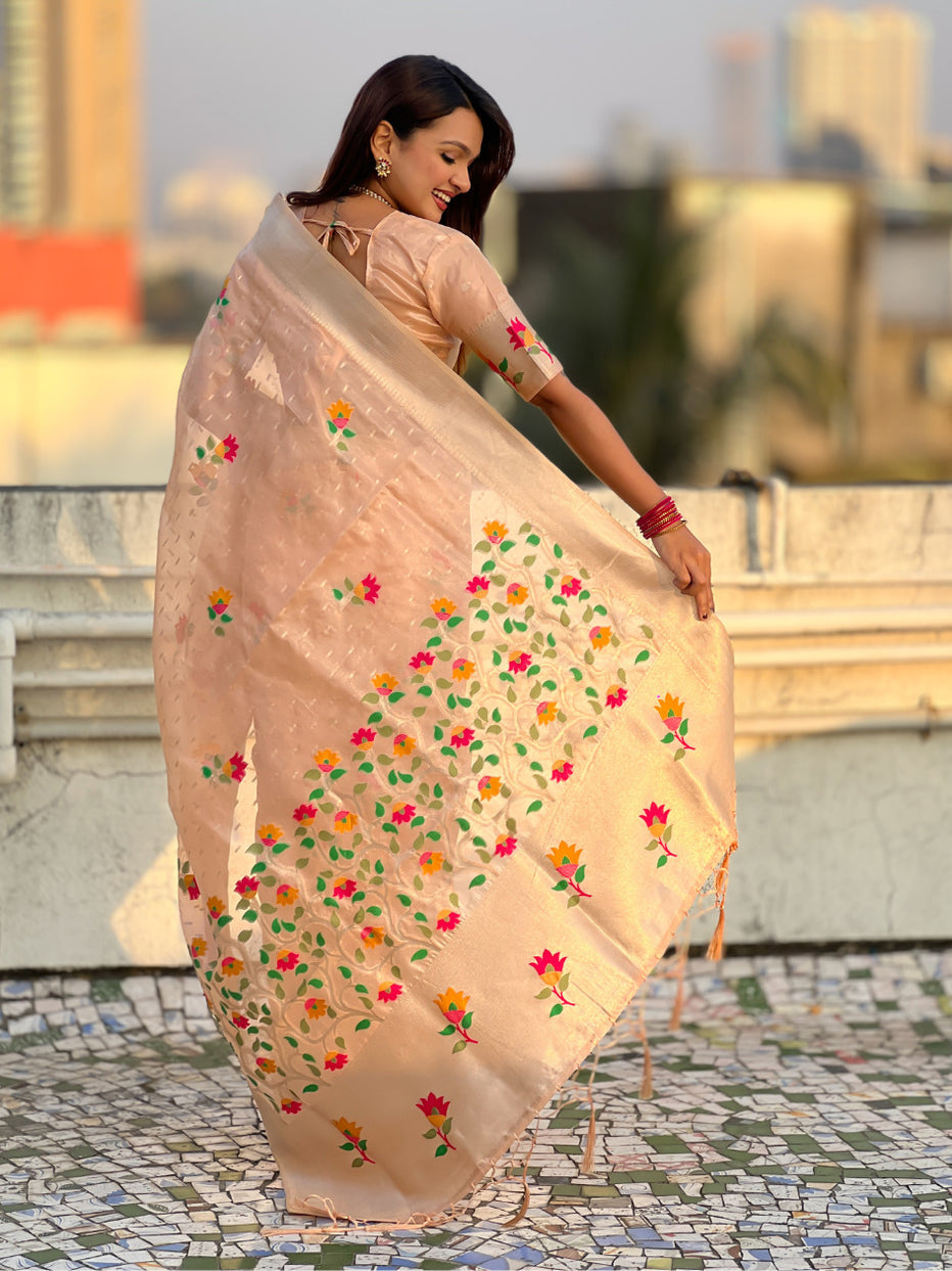 Peach Organza Silk Meenakari Jamdani Zari Woven Organza Saree