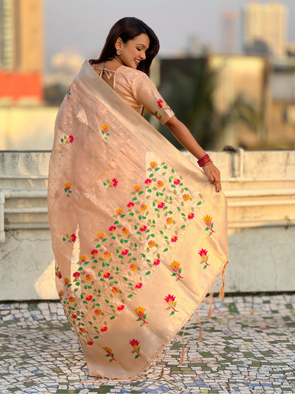Peach Organza Silk Meenakari Jamdani Zari Woven Organza Saree