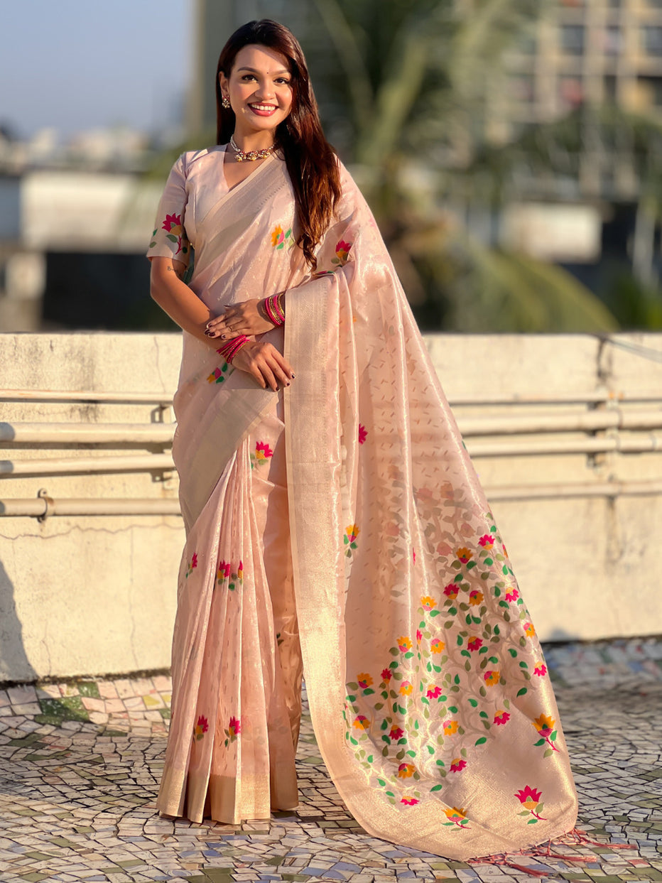 Pink Organza Silk Meenakari Jamdani Zari Woven Organza Saree