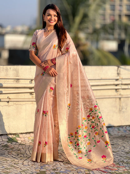 Pink Organza Silk Meenakari Jamdani Zari Woven Organza Saree