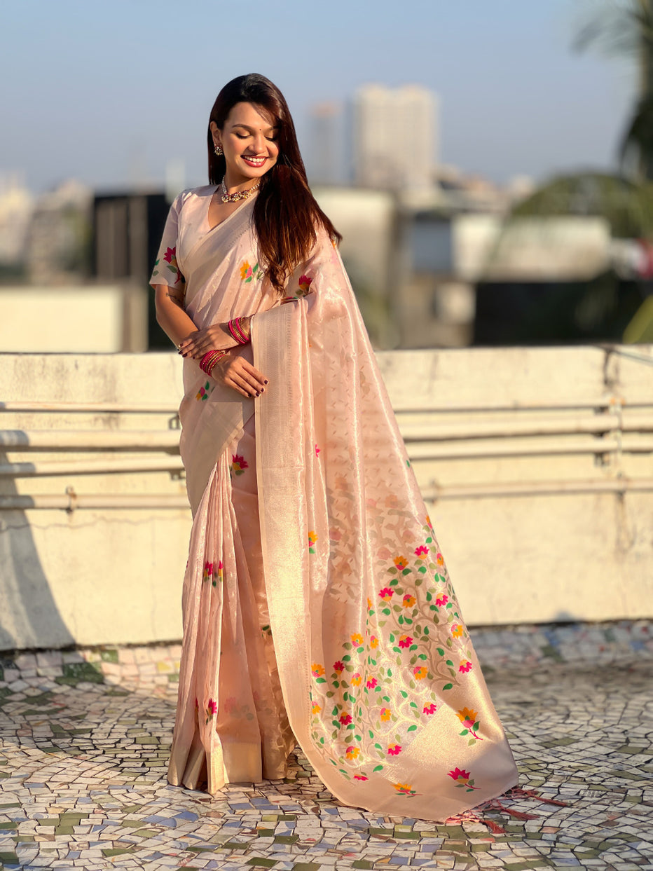 Pink Organza Silk Meenakari Jamdani Zari Woven Organza Saree