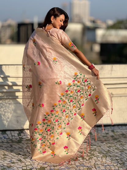 Pink Organza Silk Meenakari Jamdani Zari Woven Organza Saree