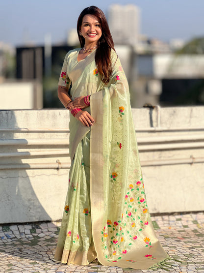Pista Pure Organza Silk Meenakari Jamdani Zari Woven Organza Saree