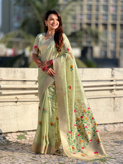 Pista Pure Organza Silk Meenakari Jamdani Zari Woven Organza Saree